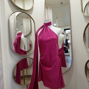 Fuchsia Satin Halter Dress with Draped Scarf Detail